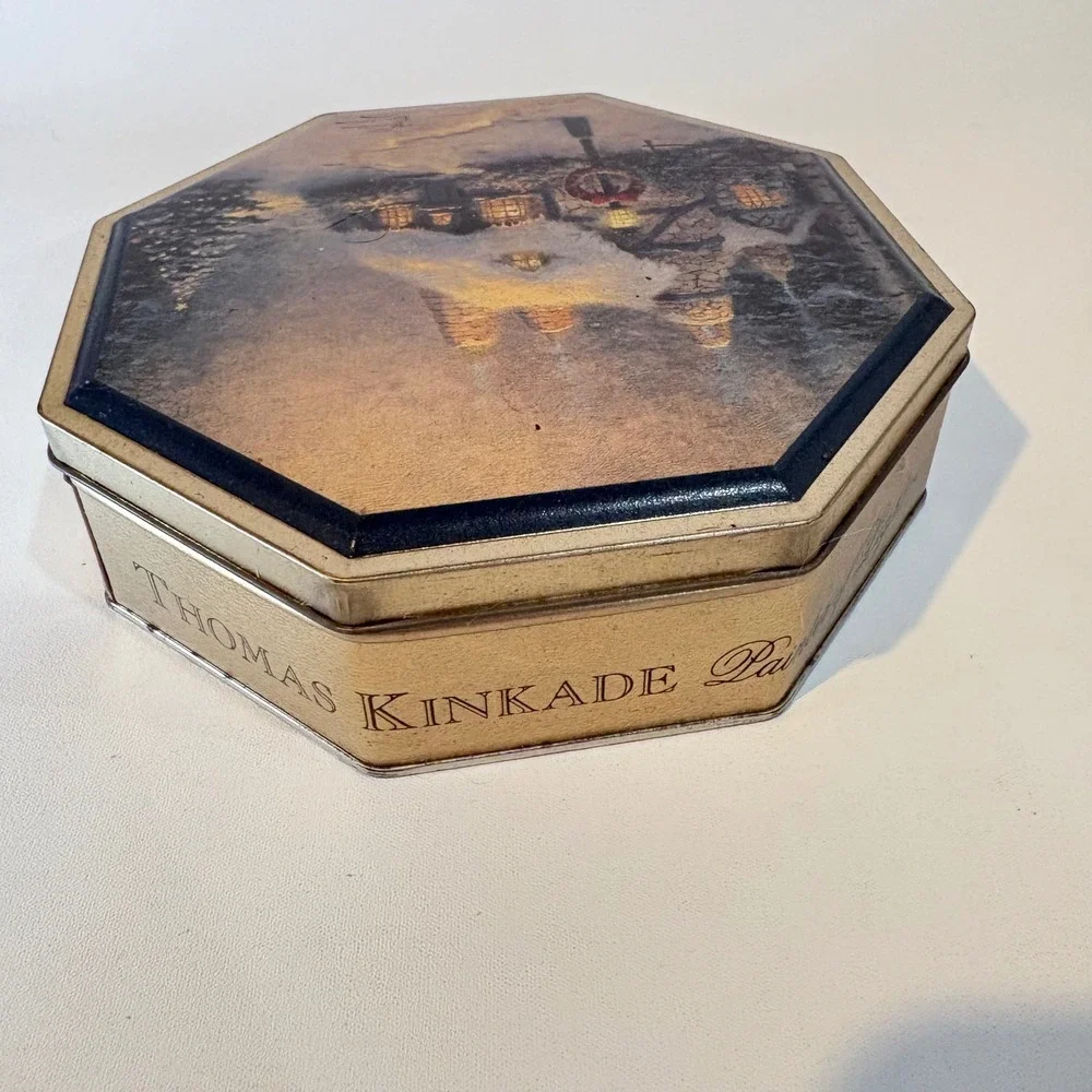 Thomas Kinkade 1998 Victorian Christmas II Octagon Tin Winter Cottage Decor